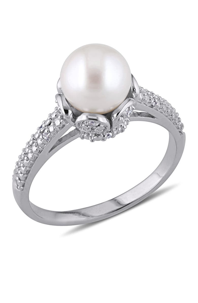 DELMAR Sterling Silver 8-8.5mm Cultured Freshwater Pearl & Diamond Ring - 0.05ct., Main, color, 