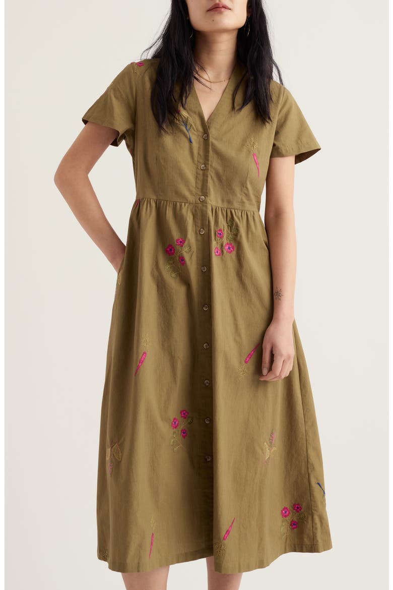 Fowen Embroidered Organic Cotton Midi Dress, Alternate, color, FLORA EMBROIDERY FERN MOSS