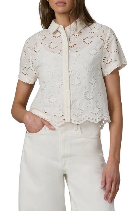 Sheer Crop Cotton Broderie Anglaise Button-Up Shirt
