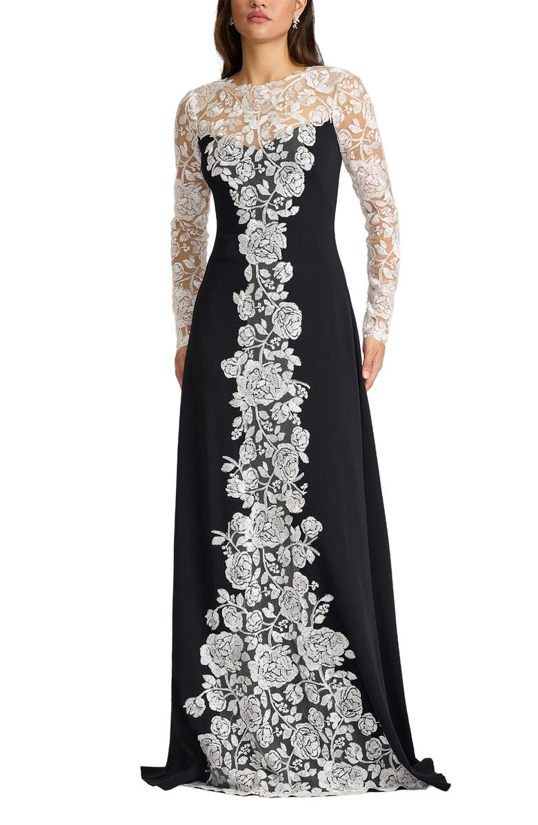 Tadashi Shoji Lace Detail Long Sleeve Crepe Gown, Main, color, Ivory/ Black
