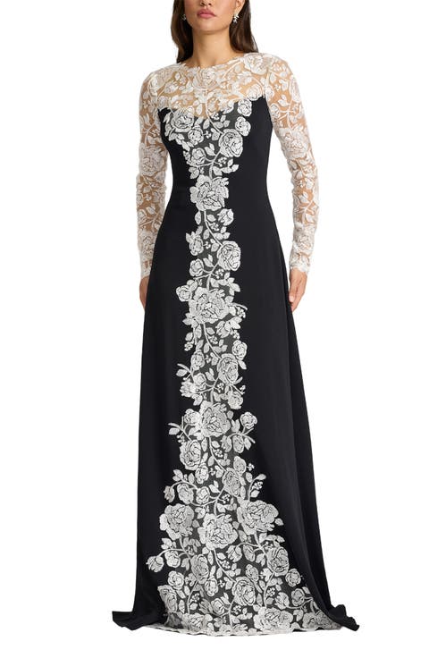 Lace Detail Long Sleeve Crepe Gown