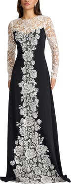 Tadashi Shoji Lace Detail Long Sleeve Crepe Gown