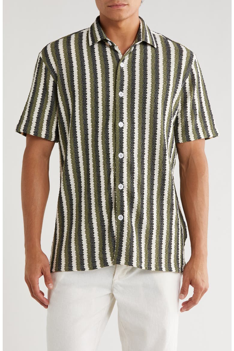 Stripe Knit Short Sleeve Button-Up Shirt, Main, color, GREEN