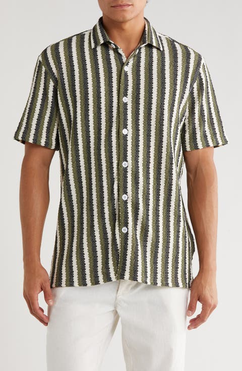Stripe Knit Short Sleeve Button-Up Shirt