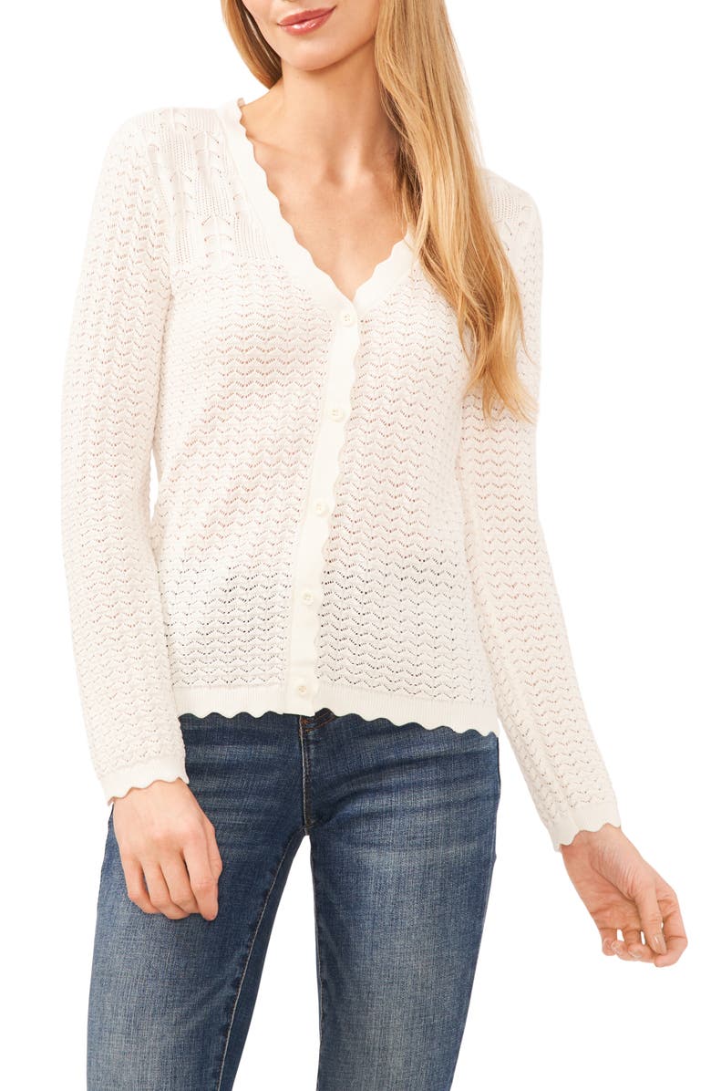CeCe Pointelle V-Neck Cotton Blend Cardigan, Main, color, 