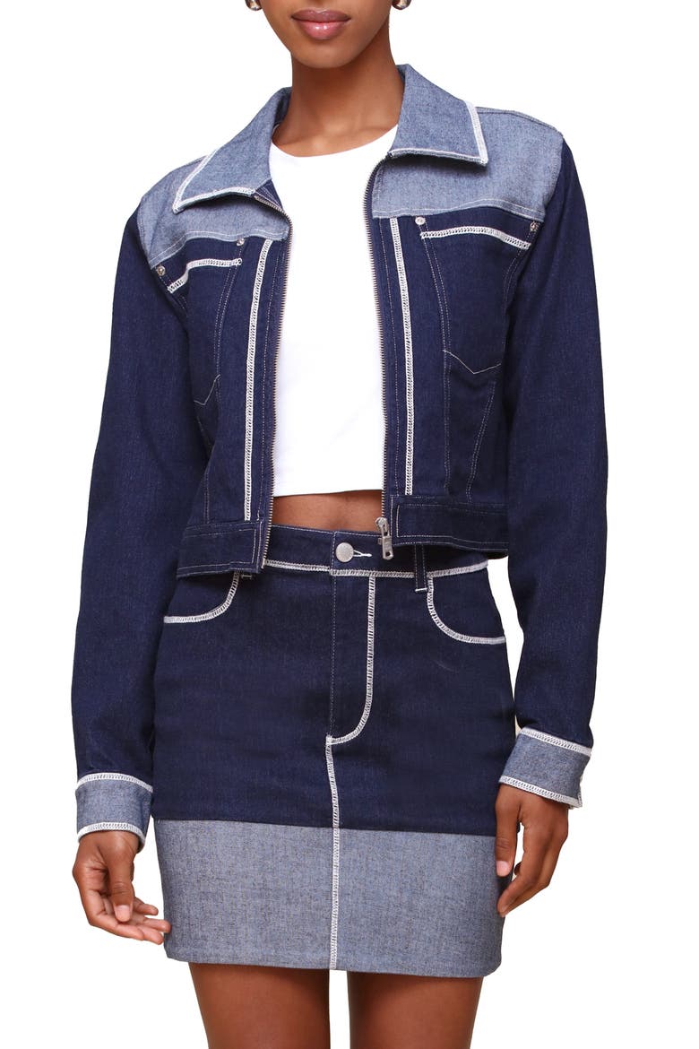 Colorblock Crop Denim Jacket, Main, color, DARK RINSE WASH