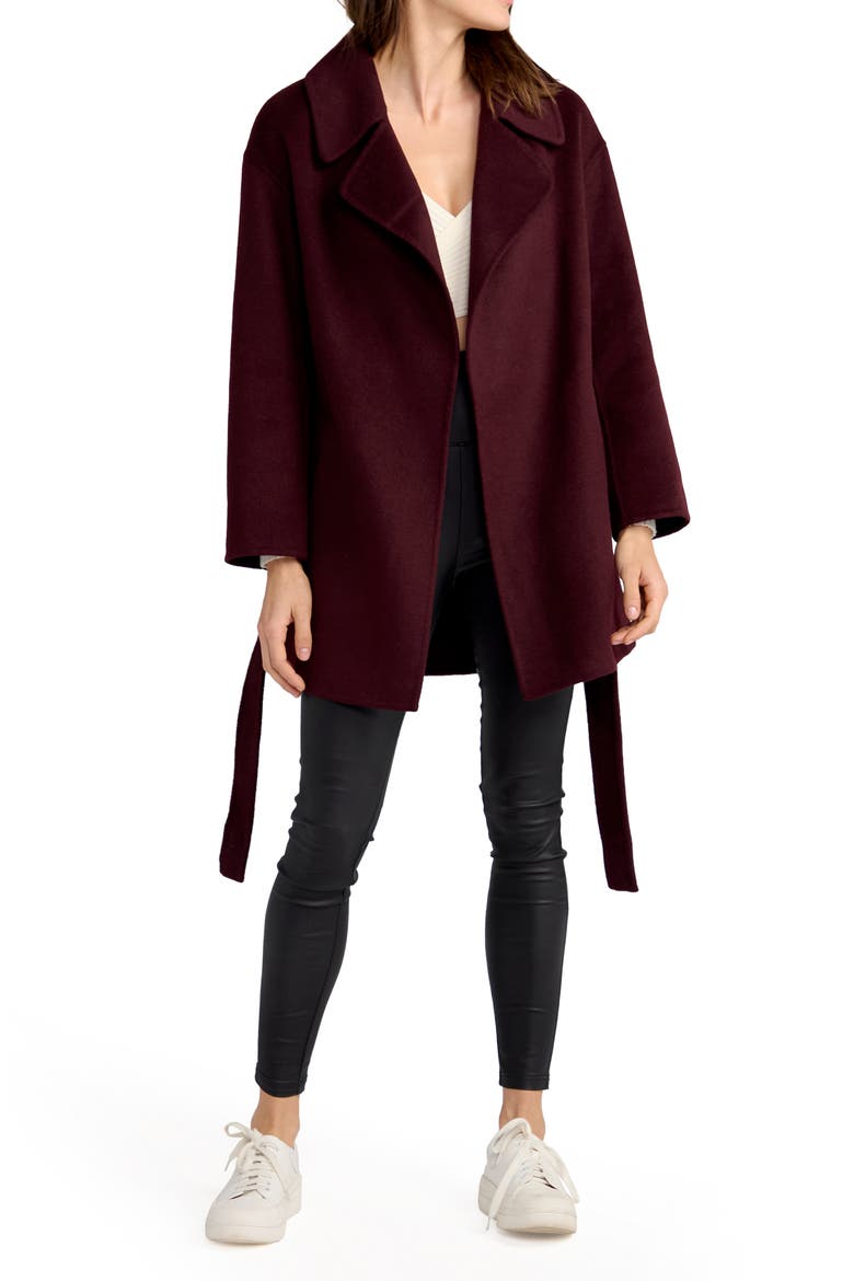 Eternal Flame Tie Waist Wool Blend Coat, Alternate, color, BURGUNDY