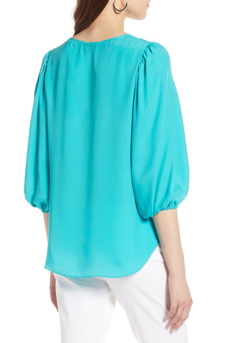 Blouson Sleeve Crepe Blouse, Alternate, color, TEAL VERIDIAN