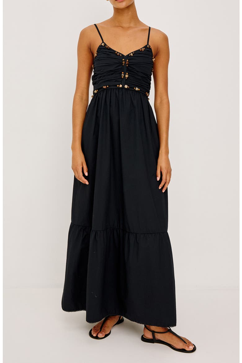 Ivana Polished Stone Detail Cotton Maxi Dress, Main, color, BLACK
