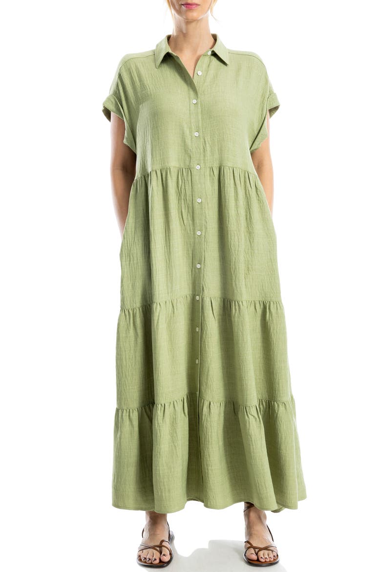 Short Sleeve Tiered Maxi Shirtdress, Alternate, color, HEATHER LEAF
