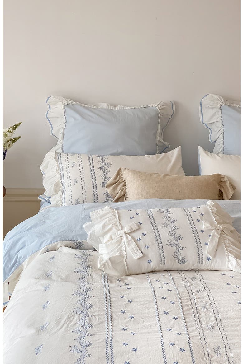 Embroidered French Lace Ruffle Bedding Set, Alternate, color, Blue / Fitted