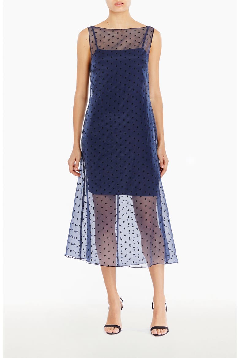 Minata Dot Print Layered Cocktail Midi Dress, Main, color, NAVY