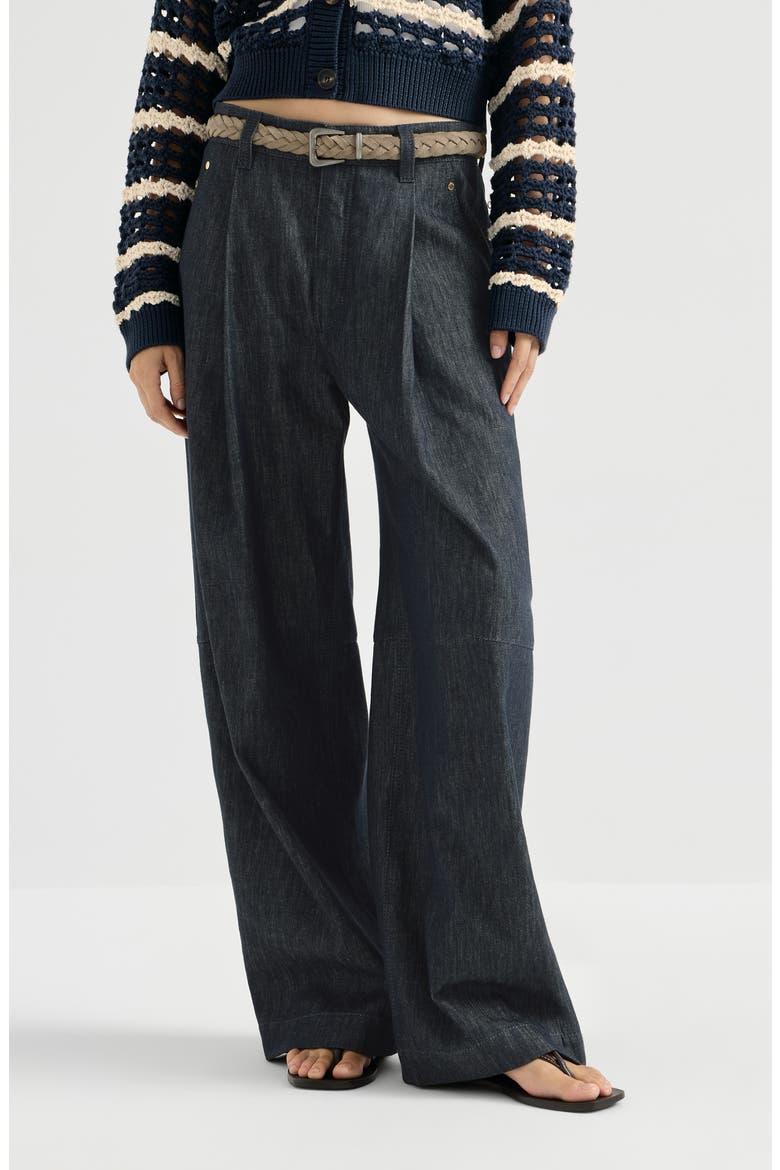 Cotton Denim-effect Twill Pleated Barrel Trousers With Monili, Main, color, Denim