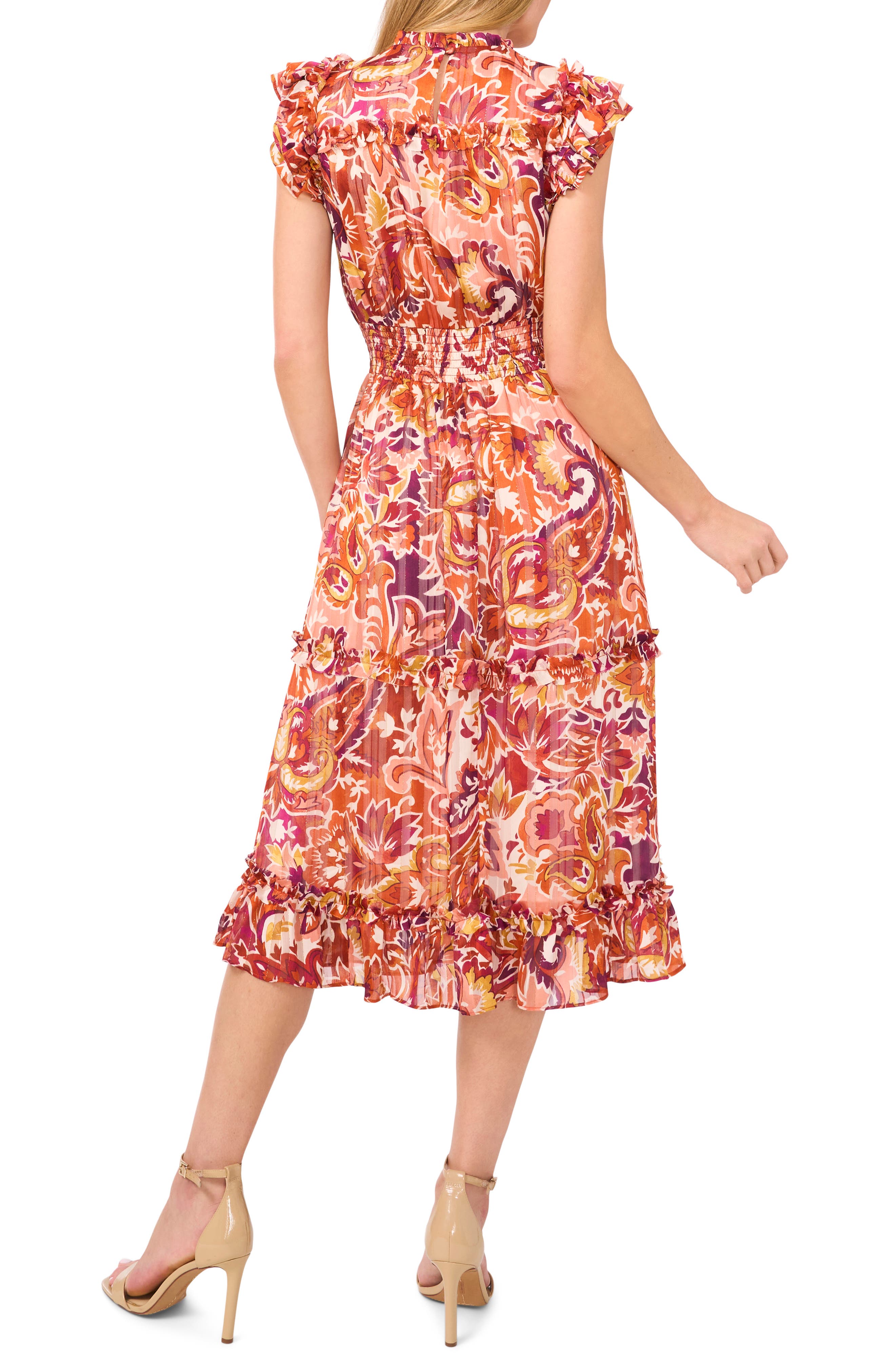 cece clip dot flutter sleeve midi dress CeCe Women's Floral Clip-Dot Flutter-Sleeve Dress