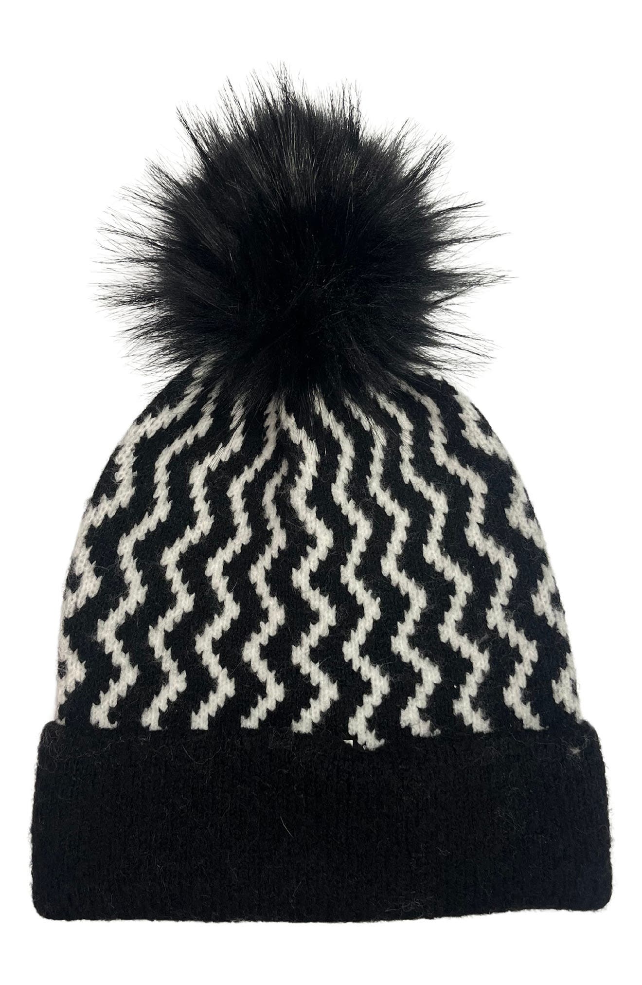 MARCUS ADLER Zig Zag Faux Fur Pompom Beanie