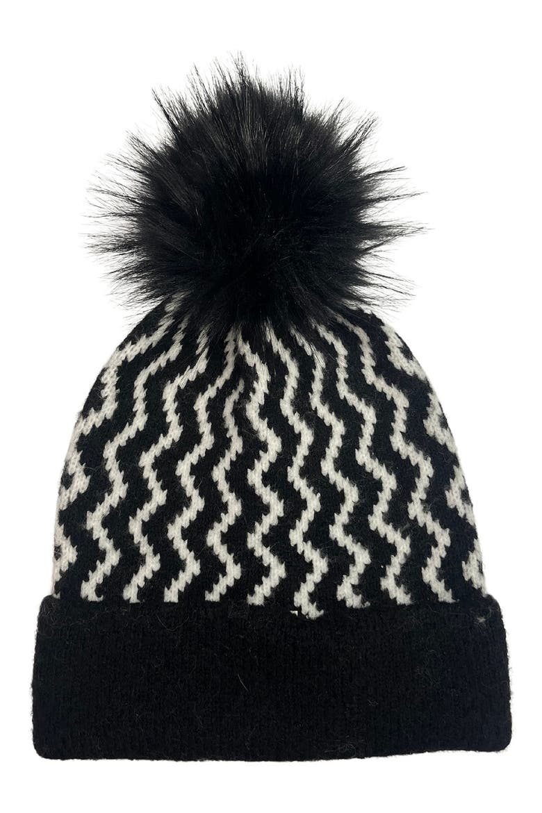 Zig Zag Faux Fur Pompom Beanie, Main, color, BLACK