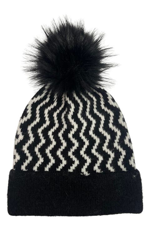 Zig Zag Faux Fur Pompom Beanie