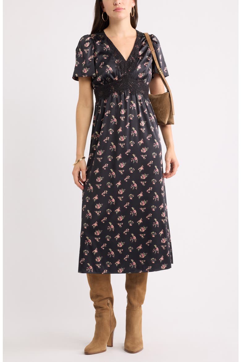 Puff Sleeve Midi Dress, Alternate, color, PINK- YELLOW FESTIVAL FLORAL