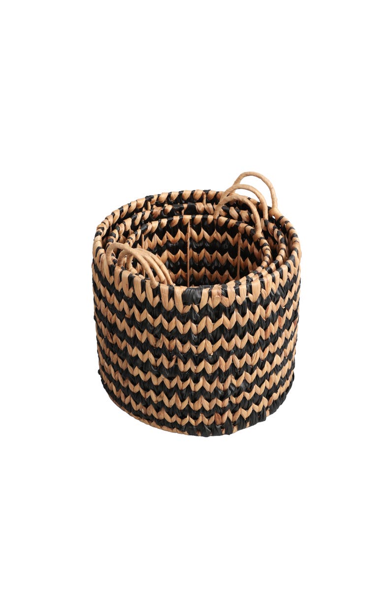 HAPPIMESS Cassia Coastal Farmhouse Handwoven Two-Tone Water Hyacinth Nesting Storage Baskets with Handles, Alternate, color, Black/Natural