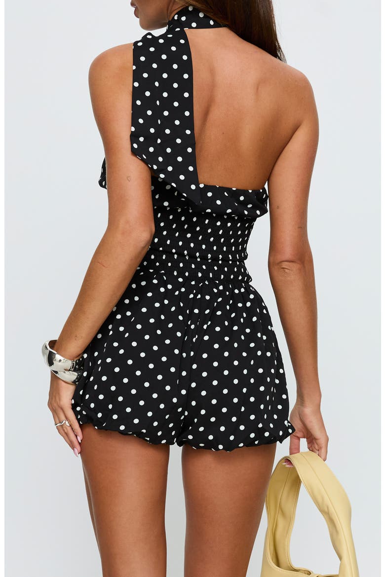 Saloma One-Shoulder Polka Dot Scarf Romper, Alternate, color, BLACK POLKA