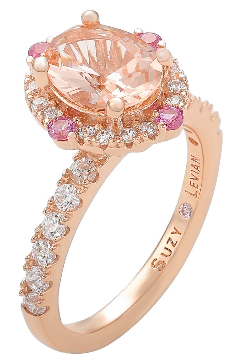 Rose Gold Sterling Silver Oval Cut CZ Halo Ring, Alternate, color, PINK