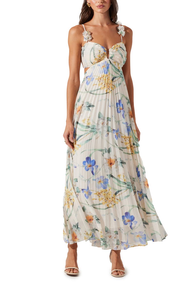 Emese Pleated Maxi Sundress, Main, color, WHITE/ BLUE MULTI FLORAL