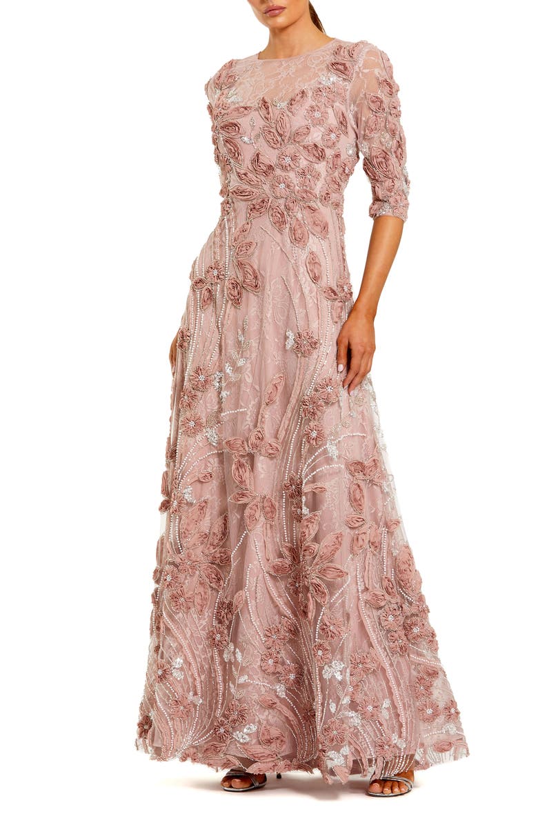 Mac Duggal 3/4 Sleeve High Neck Embroidered A Line Gown, Main, color, Mocha