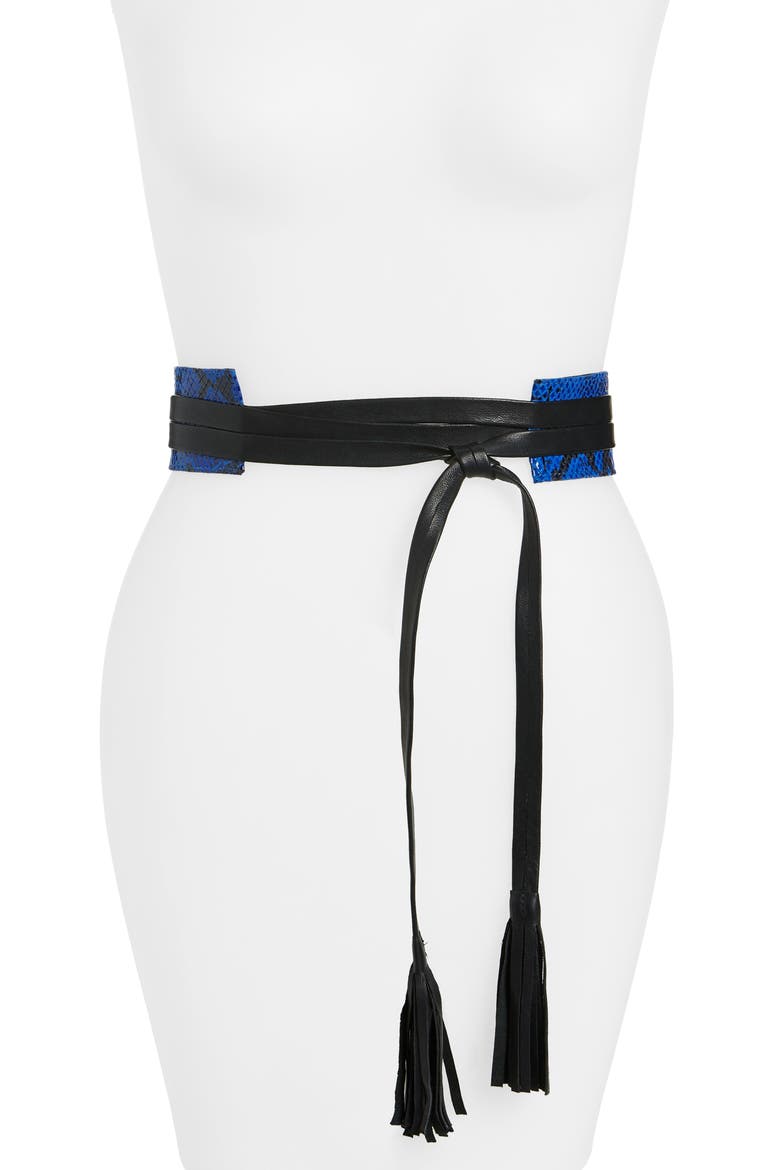 Tassel Leather Wrap Belt, Main, color, BLACK/BLUE SNAKE
