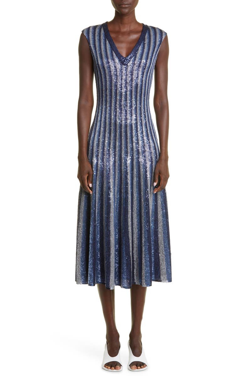 ST. JOHN Sequin Stripe Fit & Flare Midi Dress, Main, color,