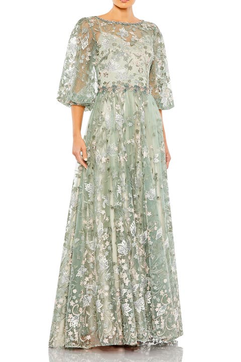 Embroidered High Neck A-Line Gown With 3/4 Puff Sleeves