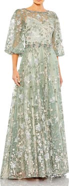 Mac Duggal Embroidered High Neck A-Line Gown With 3/4 Puff Sleeves