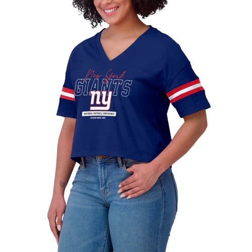 Wear By Erin Andrews Royal New York Giants Color Block Boxy Modest Crop V-neck T-shirt In Blue