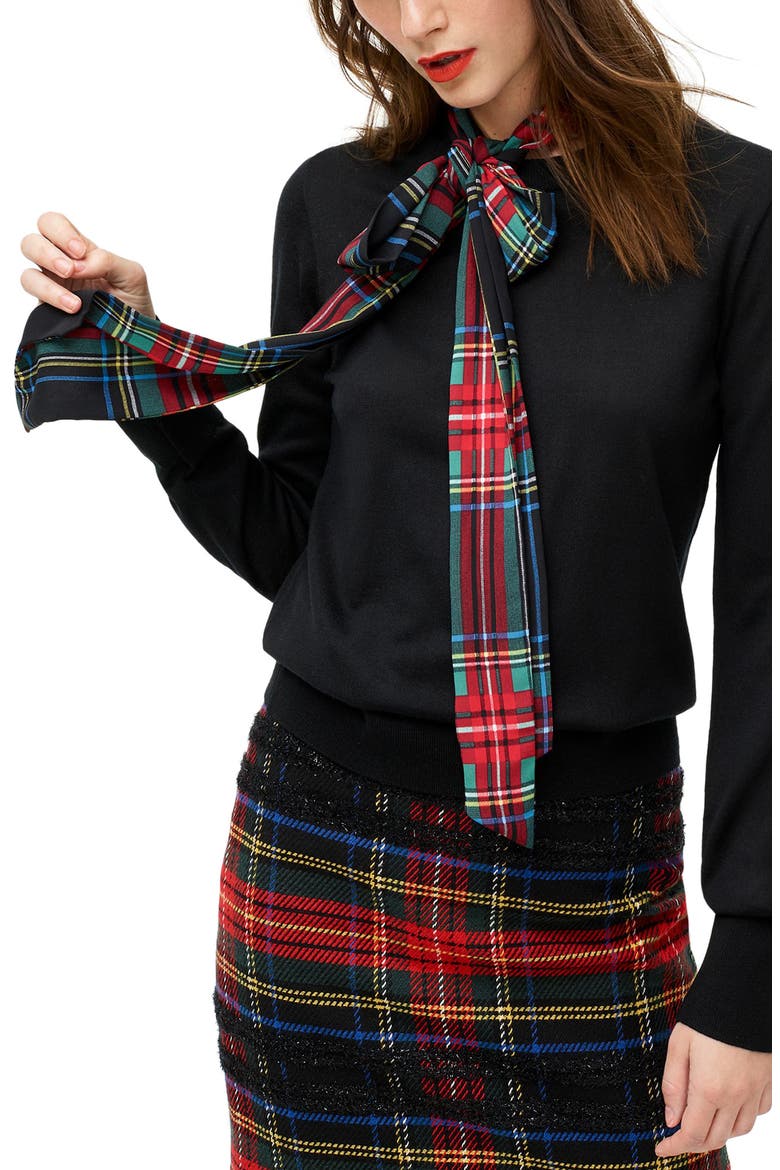 Scarf Tie Mock Neck Sweater, Main, color, BLACK W/ BLACKWATCH TIE