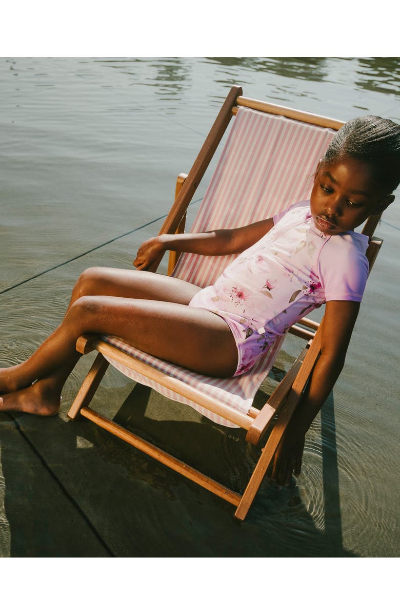 Deux par Deux One-Piece Short Sleeve Flower Swimsuit, Alternate, color, Purple Flower Print