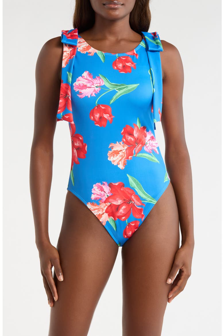 Delfina Bow Strap One-Piece Swimsuit, Main, color, BLUE/ RED