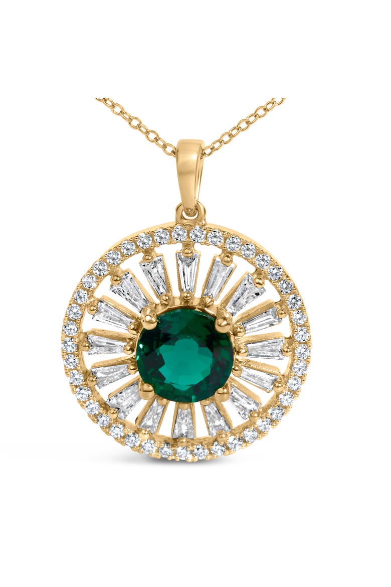 14K Yellow Gold Plated Sterling Silver Lab Grown Emerald and Diamond Sunburst Medallion Pendant Necklace, Alternate, color, Yellow Gold over Silver