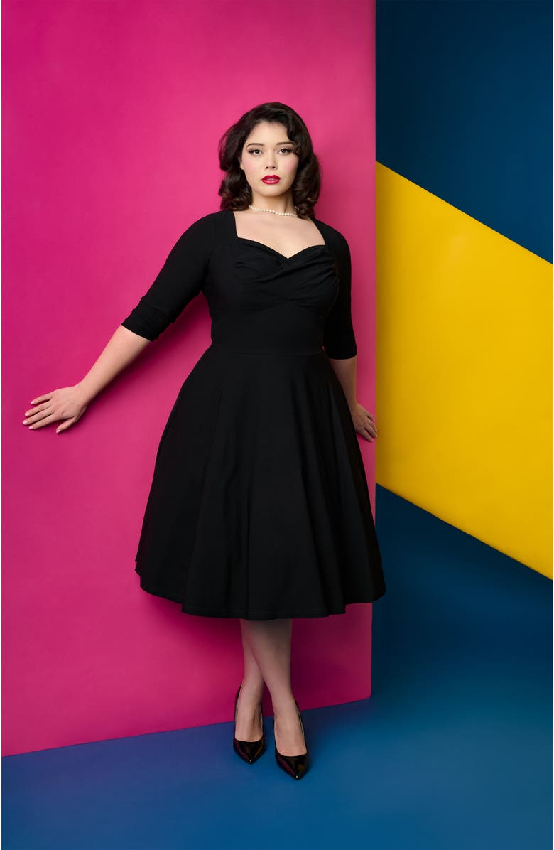 Unique Vintage Plus Size Pleated Bust Swing Dress, Alternate, color, Black