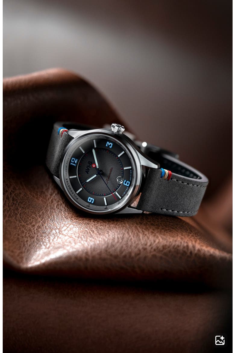 Flyboy Lafayette Automatic 110th Anniversary Limited Edition Leather Strap Watch, 42mm, Alternate, color, GREY