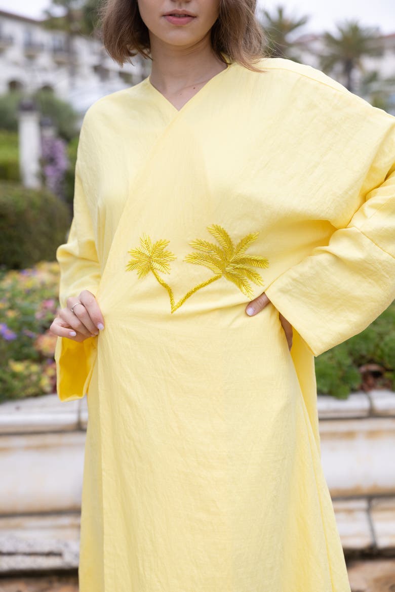 Palm Embroidered Silk Kaftan, Alternate, color, Yellow