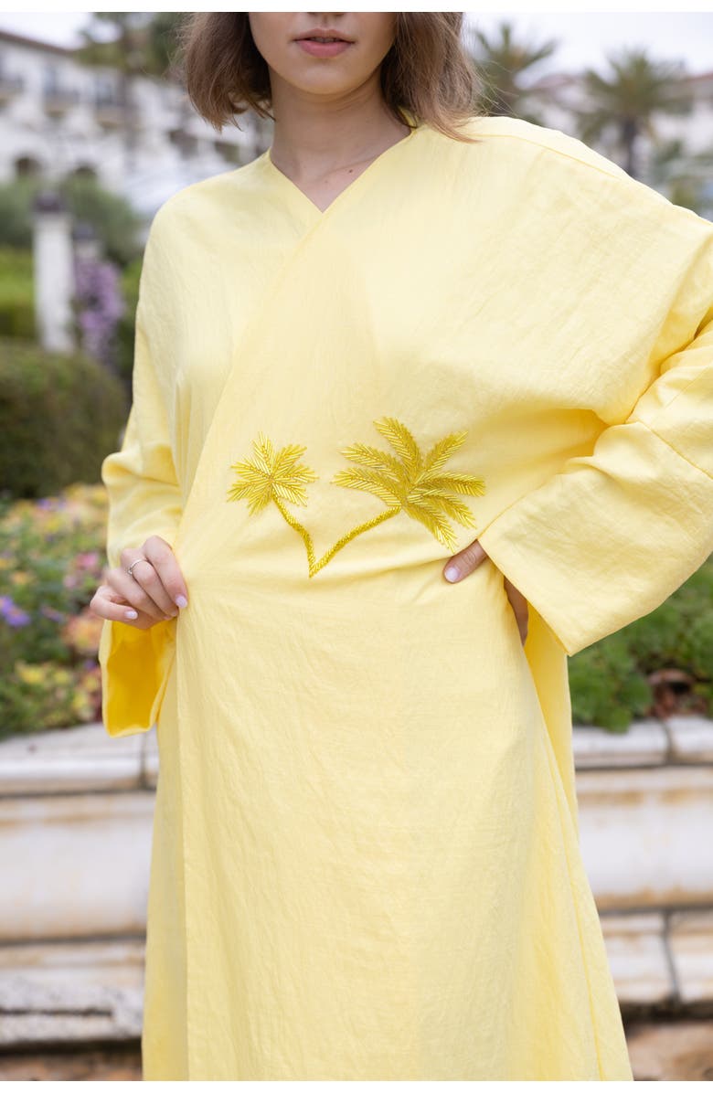 Le Fafo Palm Embroidered Silk Kaftan, Alternate, color, Yellow