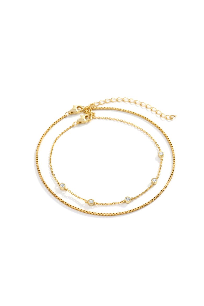 Bezel Set Diamond Bracelet and Box Chain Bracelet Stacking Set, Main, color, Gold