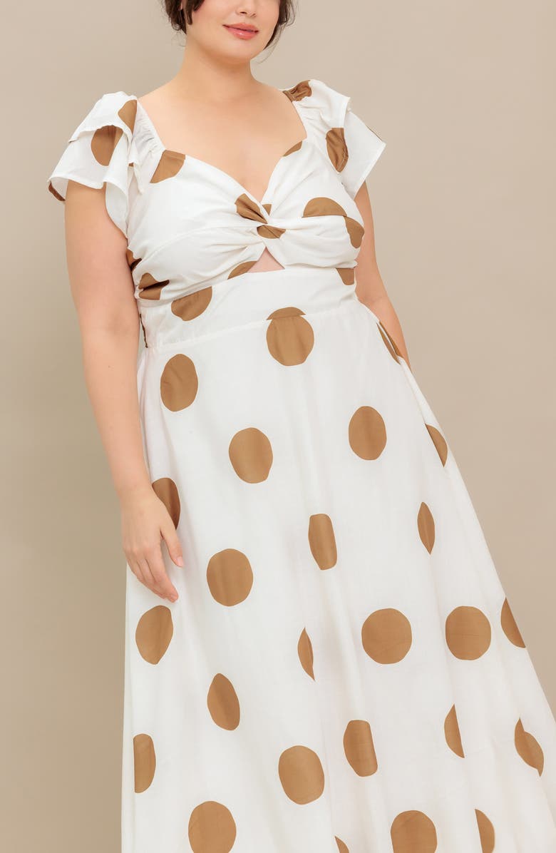 FLYING TOMATO Polka Dot Midi Dress, Alternate, color, Ivory/ Camel