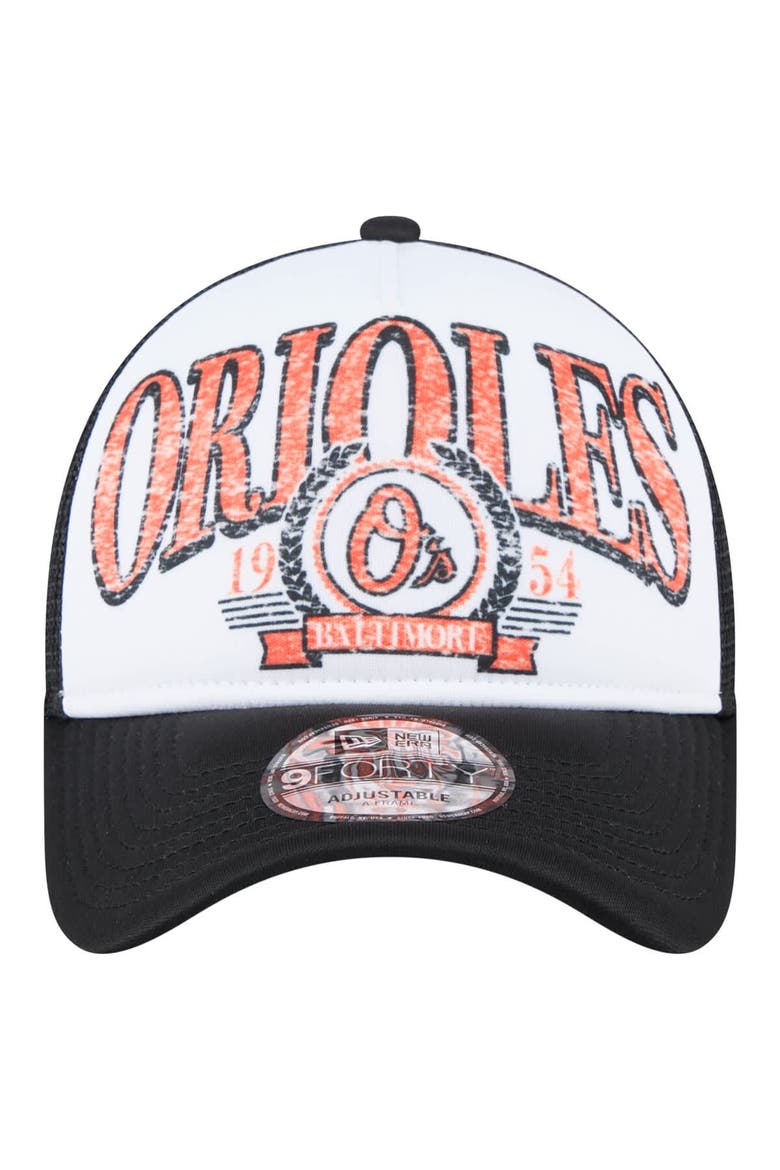 Men's New Era  Black Baltimore Orioles Distressed 9FORTY A-Frame Adjustable Trucker Hat, Alternate, color, Black