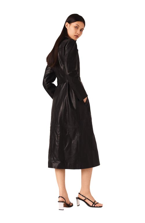 Maje Long Leather Trench Coat In Black