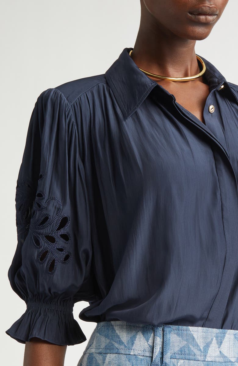 Ramy Brook Illyria Floral Cutout Woven Shirt, Alternate, color, Navy