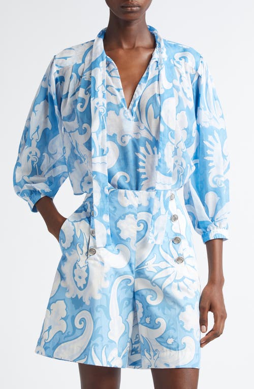 Etro Loose-fit Cotton Shirt With V-neck And Floral Pattern In Stampa F.do Bianco