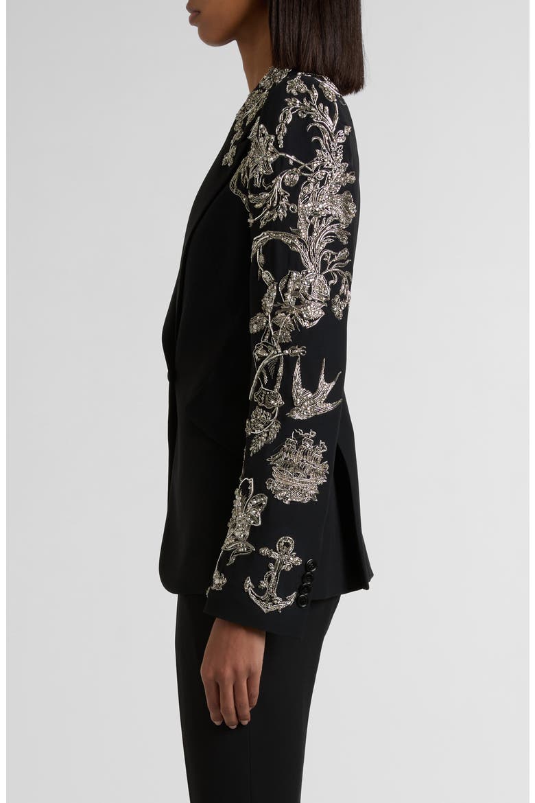 Tattoo Embroidery Peak Shoulder Crepe Blazer, Alternate, color, BLACK