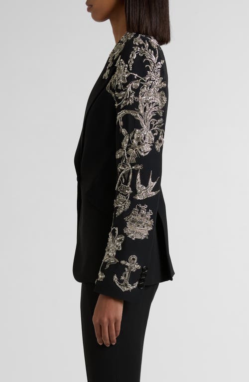 Alexander Mcqueen Mcqueen Tattoo Embroidery Peak Shoulder Crepe Blazer In Black