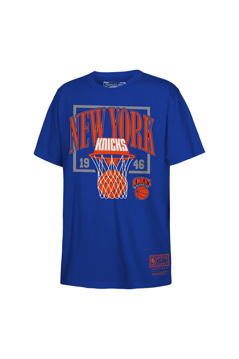 Youth Mitchell & Ness Blue New York Knicks  Ball In Hoop T-Shirt, Main, color, Blue