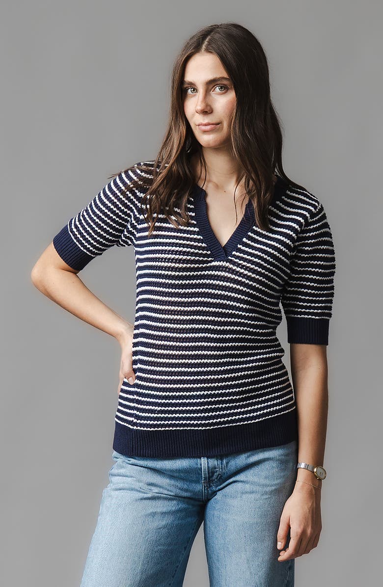 Hope & Henry Organic V-Neck Short Sleeve Sweater, Alternate, color, Navy And White